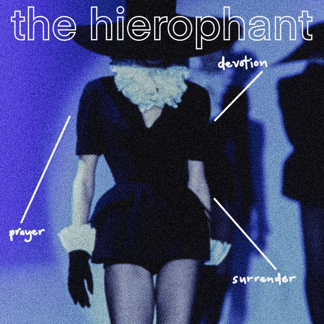 high fashion runway of a prim and proper black/white outfit with ruffled neckline and small shorts. text across the top "the hierophant". lines pointing to the model saying"prayer", "devotion" and "surrender".