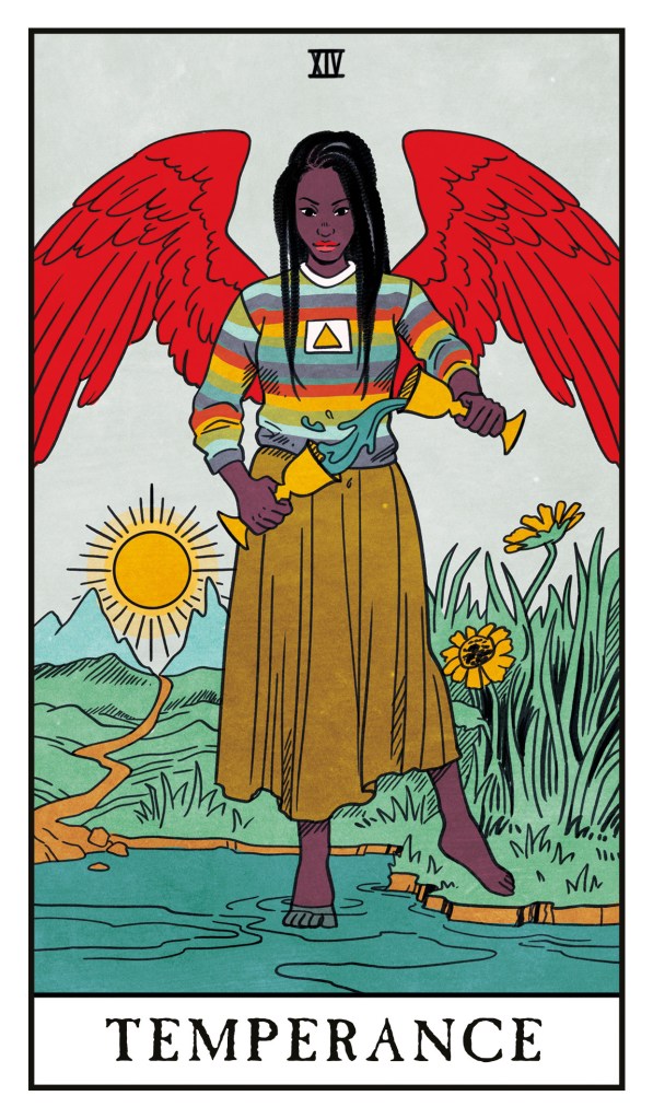The Temperance tarot card from The Modern Witch deck by Lisa Sterle. An angel, an alchemist, a master of creating balance. 